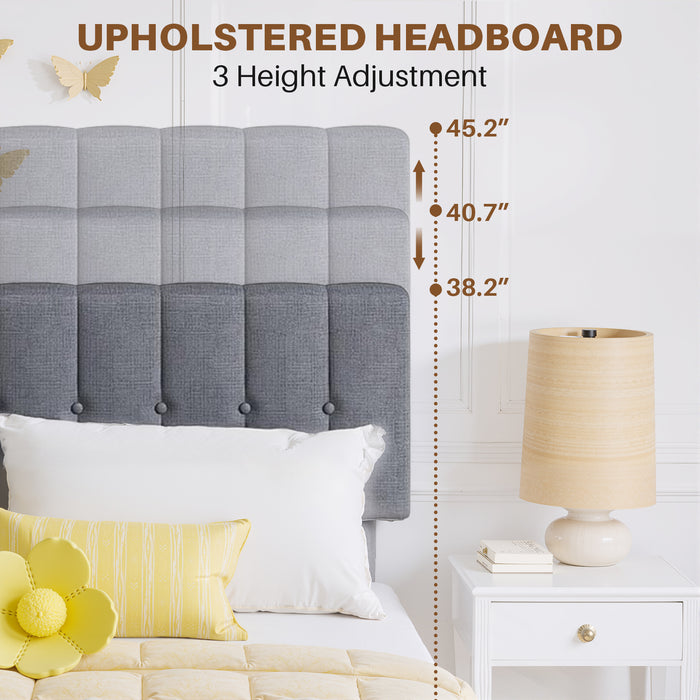 Yangming Queen Upholstered Platform Bed Frame with Linen Headboard Wood Slat, Dark Gray