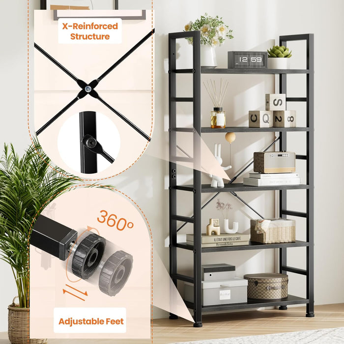 Bigleap 5 Tier Wooden Bookshelf Storage Shelves Organizer Retro Bookshelf Plant Display Shelf for Living Room Home Office Balcony - Black