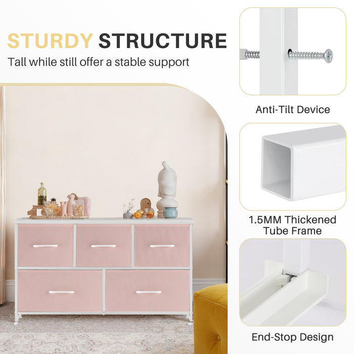 Bigleap 5 Drawers Dresser for Bedroom, Wide Dressers with Drawer Organizers, Chest of Drawers, Fabric Dresser for Living Room, Closet, Hallway,Pink