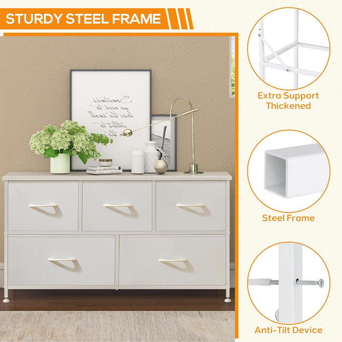 5 Drawer Dresser, Wide Chest Of Drawers Nightstand Storage Tower Storage Dresser Fabric Dresser With Wood Top for Living Room, Bedroom, Hallway, Nursery, White