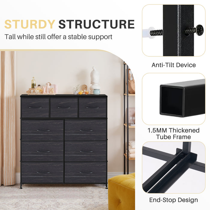 Bigleap 9 Drawers Dresser for Bedroom, Fabric Dresser with Sturdy Steel Frame, Wooden Top & Easy Pull Fabric Bins,Black Wood