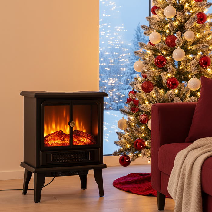 Beddle Freestanding Electric Fireplace Stove with Adjustable 3D Flame, Safe & Easy-to-Use Heater for Home Office, Compact Corner Design, Inky