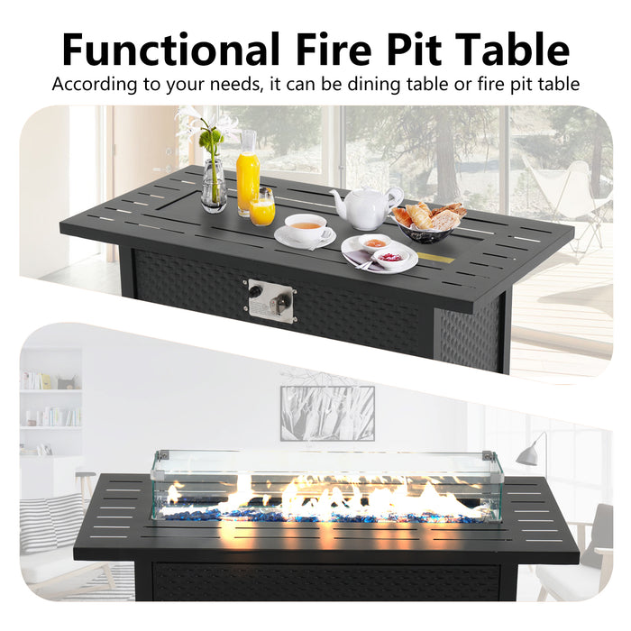 Betcozy Propane Fire Pit 45 Inch Rectangle Outdoor Gas Fire Pits, 50,000 BTU Fire Table with Steel Tabletop, Glass Wind Guard, Blue Glass Stone and Waterproof Cover for Outside Patio, Garden, Deck, Yard