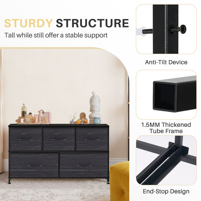 Bigleap 5 Drawers Dresser for Bedroom, Wide Dressers with Drawer Organizers, Chest of Drawers, Fabric Dresser for Living Room, Closet, Hallway,Black Wood