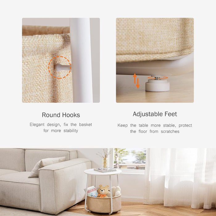 Small Round Side End Table for Living Room, Modern Nightstand Bedside Table with Fabric Basket for Bedroom - White