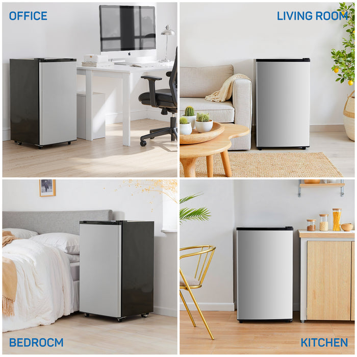 Sybels 3.2 Cu.Ft Mini Fridge with Freezer, Compact Single Door, Adjustable Thermostat & Low Noise, Perfect for Bedroom, Dorm, Office, Silver
