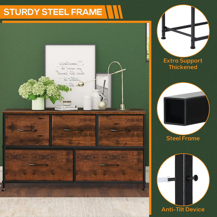 Bigleap 5 Drawer Dresser, Wide Chest Of Drawers Nightstand Storage Tower Storage Dresser Fabric Dresser With Wood Top for Living Room, Bedroom, Hallway, Nursery, Rust
