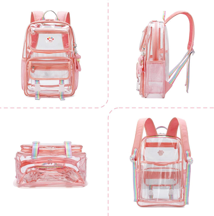 Clear Backpack for Girls, Cute Transparent Heavy Duty Stadium Approved PVC Kids Schoolbag Book Bags With Free Pendant As Gift, Pink