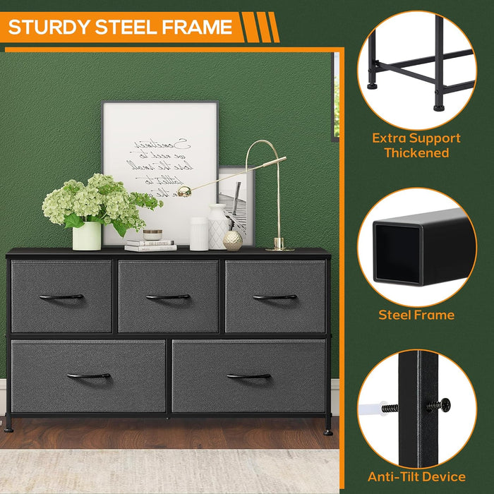5 Drawer Dresser, Wide Chest Of Drawers Nightstand Storage Tower Storage Dresser Fabric Dresser With Wood Top for Living Room, Bedroom, Hallway, Nursery, Grey