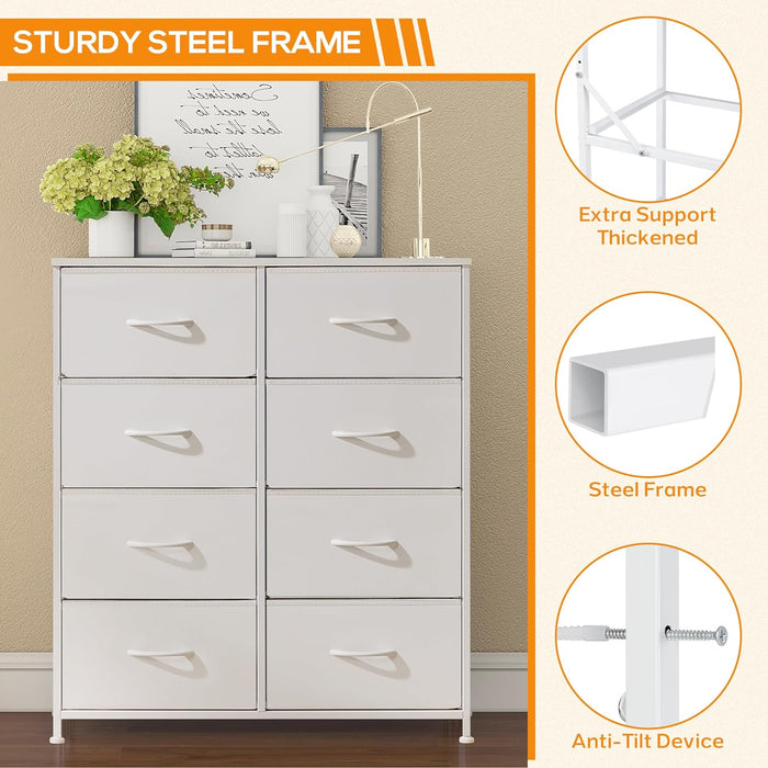 8 Drawer Dresser, Tall Chest Of Drawers Nightstand Storage Tower Storage Dresser Fabric Dresser With Wood Top for Living Room, Bedroom, Hallway, Nursery, White
