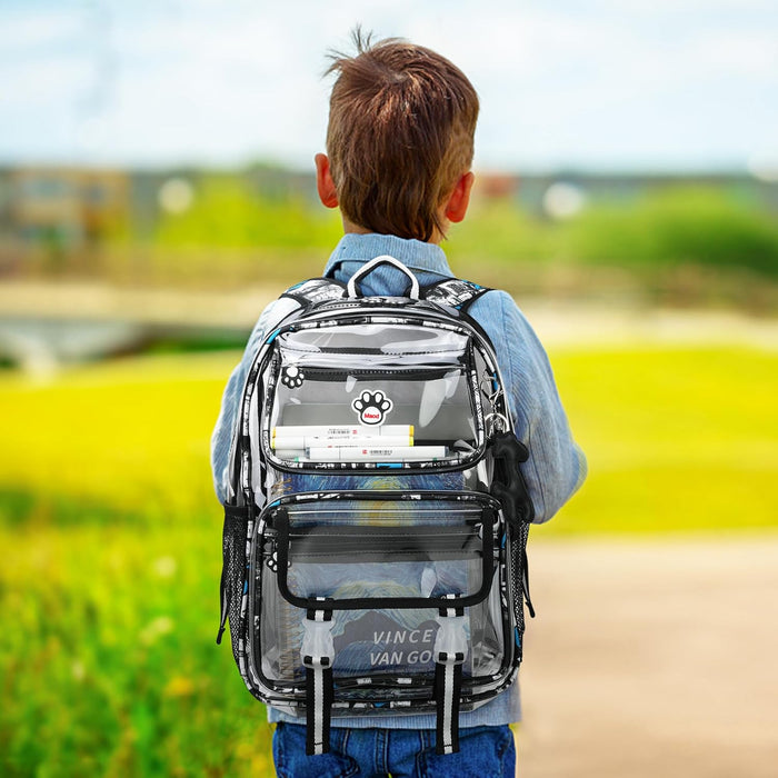 Clear Backpack for Boys, Cute Transparent Heavy Duty Stadium Approved PVC Kids Schoolbag Book Bags With Free Pendant As Gift, Black