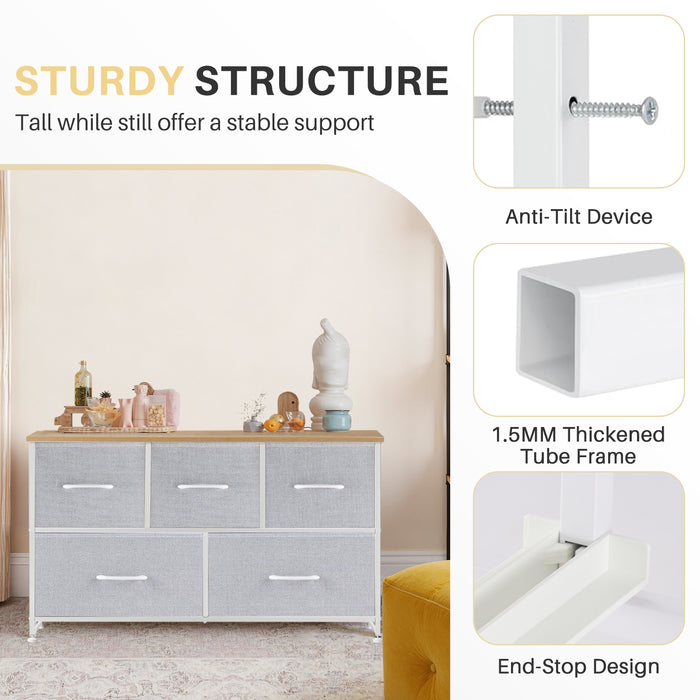 Bigleap 5 Drawers Dresser for Bedroom, Wide Dressers with Drawer Organizers, Chest of Drawers, Fabric Dresser for Living Room, Closet, Hallway,Light Gray