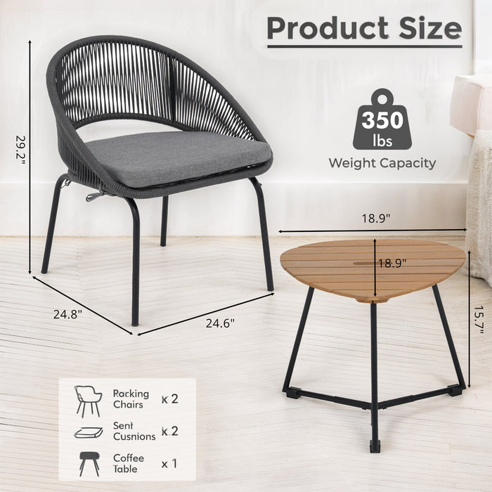 TINKLE WELL 3-Piece Outdoor Bistro Set, Woven Rope Chairs & Wood Coffee Table for Patio, Garden, Deck, or Balcony