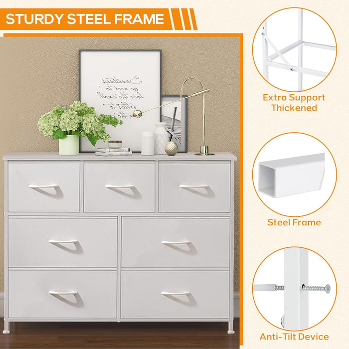Bigleap 7 Drawer Dresser, Wide Chest Of Drawers Nightstand Storage Tower Storage Dresser Fabric Dresser With Wood Top for Living Room, Bedroom, Hallway, Nursery, White