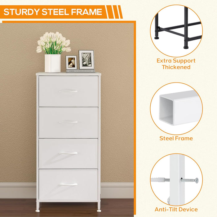 Bigleap 4 Drawer Dresser, Tall Chest Of Drawers Nightstand Storage Tower Storage Dresser Fabric Dresser With Wood Top for Living Room, Bedroom, Hallway, Nursery, White