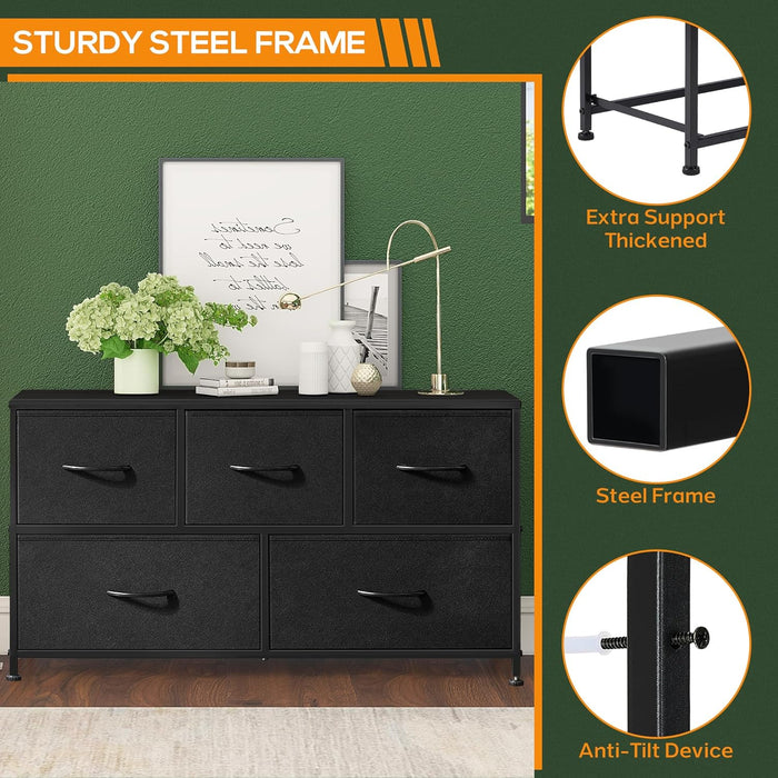 Bigleap 5 Drawer Dresser, Wide Chest Of Drawers Nightstand Storage Tower Storage Dresser Fabric Dresser With Wood Top for Living Room, Bedroom, Hallway, Nursery, Black