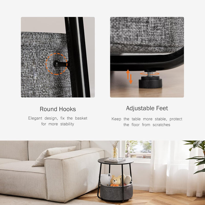 Small Round Side End Table for Living Room, Modern Nightstand Bedside Table with Fabric Basket for Bedroom - Black