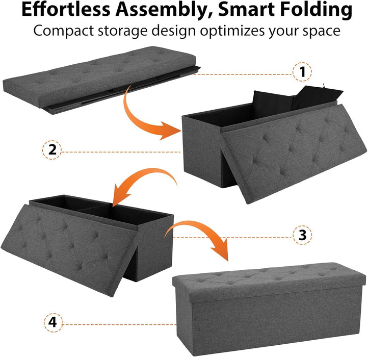 【Foldable Design】Sybels 43 in Storage Ottoman Bench, Padded Seat Foot Rest Stool, End of Bed Storage Chest for Bedroom & Living Room, 660lbs Capacity, Gray