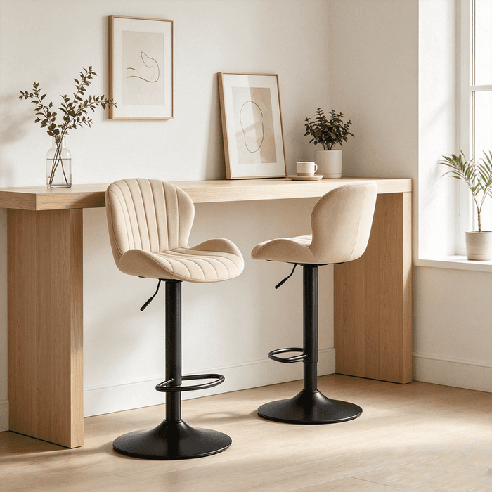 Betcozy Set of 2 Swivel Bar Stools with Back, Adjustable PU Leather Counter Height Chairs, Upholstered Vertical-Shell Barstools with Metal Base for Kitchen Island, Dining Room, Bar, Supports 300 lbs, Beige