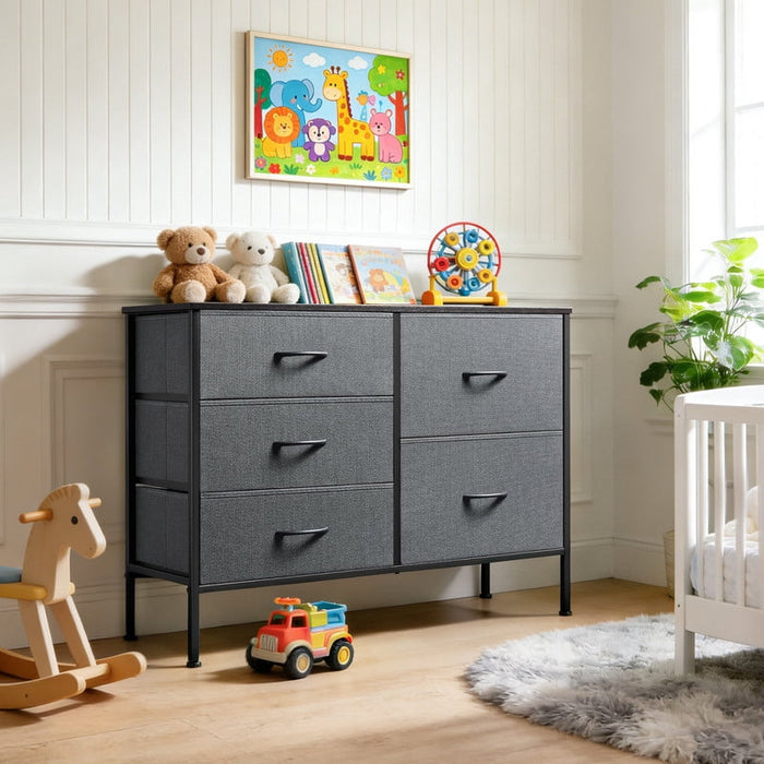 Blorly 5 Drawers Dresser, Storage Dresser Organizer with Drawers, Chest of Drawers, TV Stand Dresser with Metal Frame and Wood Tabletop for Bedroom, Guest Room, Closet, Entryway, Nursery, Gray