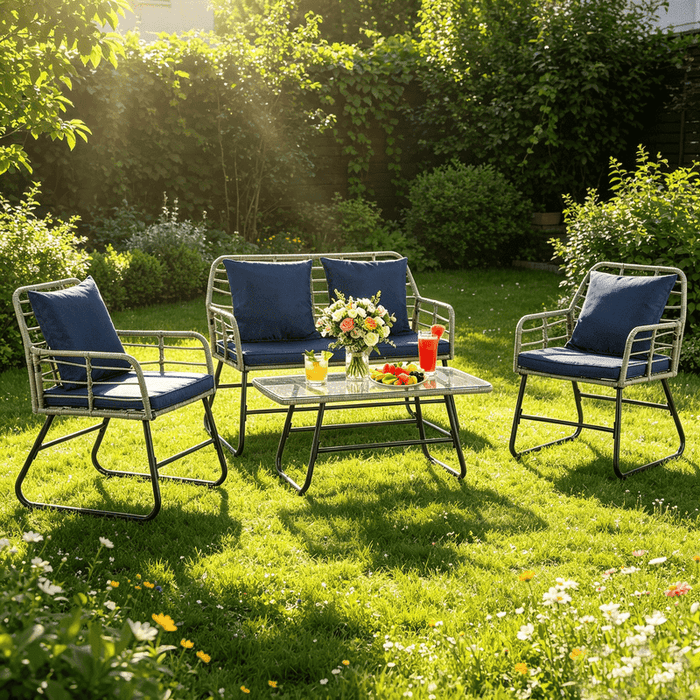 Blorly 4 Piece PE Rattan Patio Furniture Set, Outdoor Wicker Conversation Set with Thick Cushions and Glass Top Coffee Table, All-Weather Lawn Chairs Set for Backyard, Garden, Porch, Blue