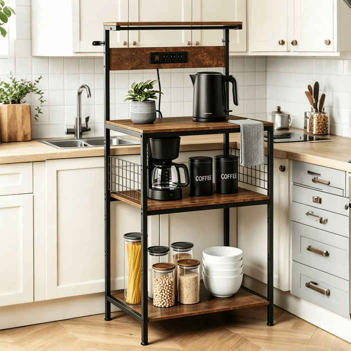 Blorly Baker's Rack with Power Outlet & LED Light, 23.6" 4-Tier Kitchen Storage Shelf with Waterproof Desktop, Microwave Stand with Wire Basket & 6 Hooks, Wide Coffee Bar Station, Rustic Brown