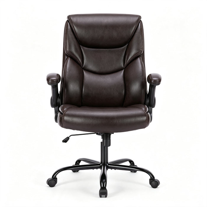 Taoset Executive Office Chair, High Back Leather Desk Chair with Space-Saving Flip Up Armrests, Adjustable Rocking Swivel Computer Task Chair for Home Office, Brown