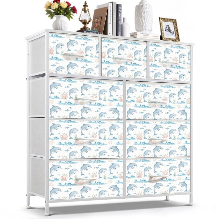 Taoset Kids Nursery Storage Dresser - 9 Drawer Coastal Beach House Fabric Chest, Nautical Blue Dolphin & Wave Print Organizer for Bedroom Playroom