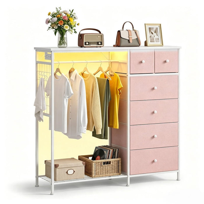 Simenmax 6-Drawer Storage Closet with LED Lights & Charging Station, 49.2" Wide Wooden Wardrobe Rack with Fabric Bins,Portable Clothing Organizer for Bedroom, Entryway, Pink
