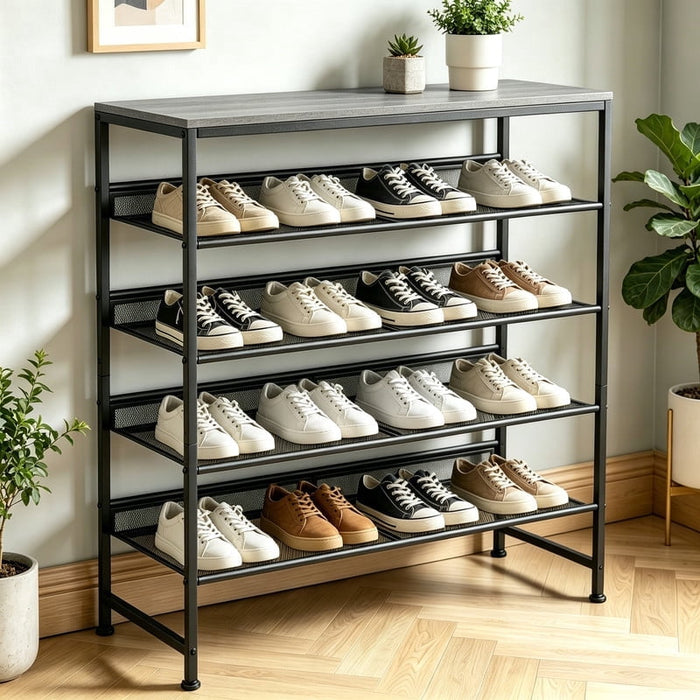 Taoset 29.5" 5-Tier Shoe Rack Organizer with Wooden Top, Adjustable Flat or Angled Mesh Shelves, Entryway Storage Shelf for 12-15 Pairs, Gray Oak