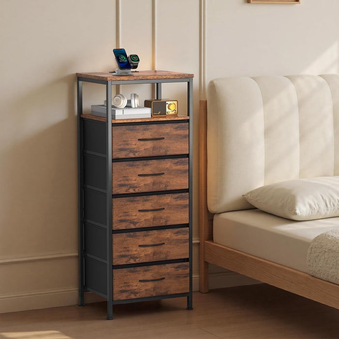 Taoset Smart Nightstand with LED Lights & Charging Station | Remote App Control Bedside Table | 2 AC Outlets, USB-C Port, 5 Drawer Storage | Modern End Table for Bedroom, Rust