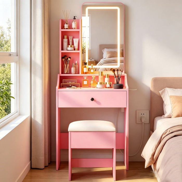 Simenmax 24" Pink Makeup Vanity Set with Mirror, Built-in Power Outlet & 3 Lighting Modes, Vanity Desk with Stool, Space-Saving Beauty Station with USB & Hairdryer Holder