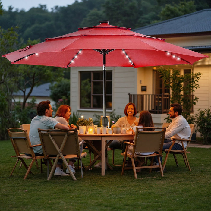 Betcozy 3-Tier Patio Umbrella, 9.2FT Vented Market Table Umbrella with Solar 32 LED Lights, Tilt Adjustment, for Garden, Deck, Backyard, Pool and Beach, Red
