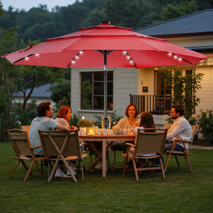 Betcozy 3-Tier Patio Umbrella, 9.2FT Vented Market Table Umbrella with Solar 32 LED Lights, Tilt Adjustment, for Garden, Deck, Backyard, Pool and Beach, Red