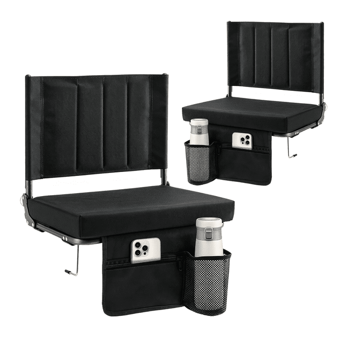 Blorly 3.5 Inch Thick Stadium Chair, Wide Folding Bleacher Seat with Backrest, Anti-Slip Steel Hook, Portable Compact Sports Chair with Padded Cushion & Cup Holder for Camping, Football, Black, 2 PCS