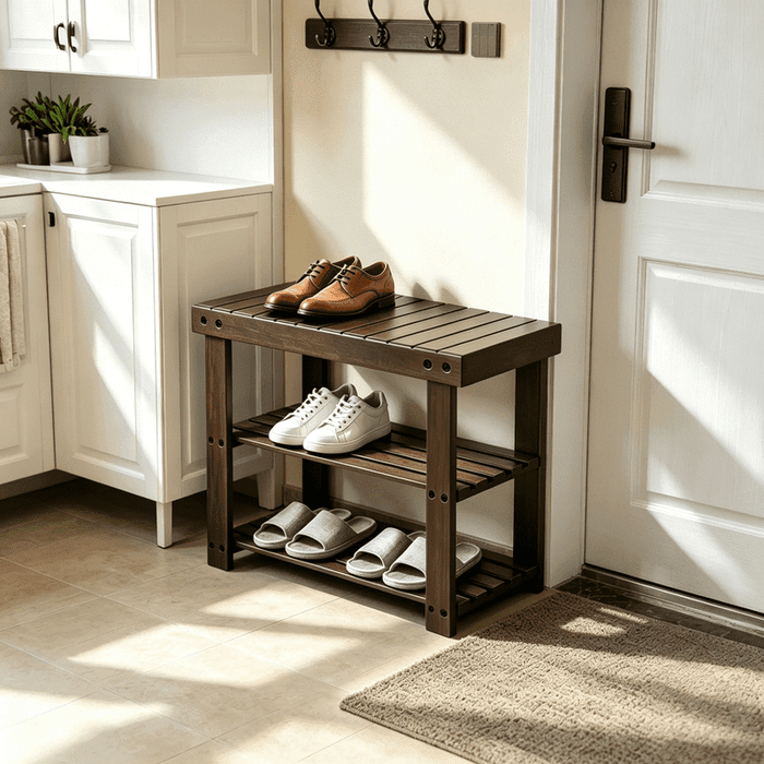 Taoset 19" Shoe Bench, 3-Tier Small Space Entryway Rack, Modern Minimalist Bamboo Storage Shelf for Narrow Hallway, Bathroom Towel Rack & Indoor Plant Stand, Brown