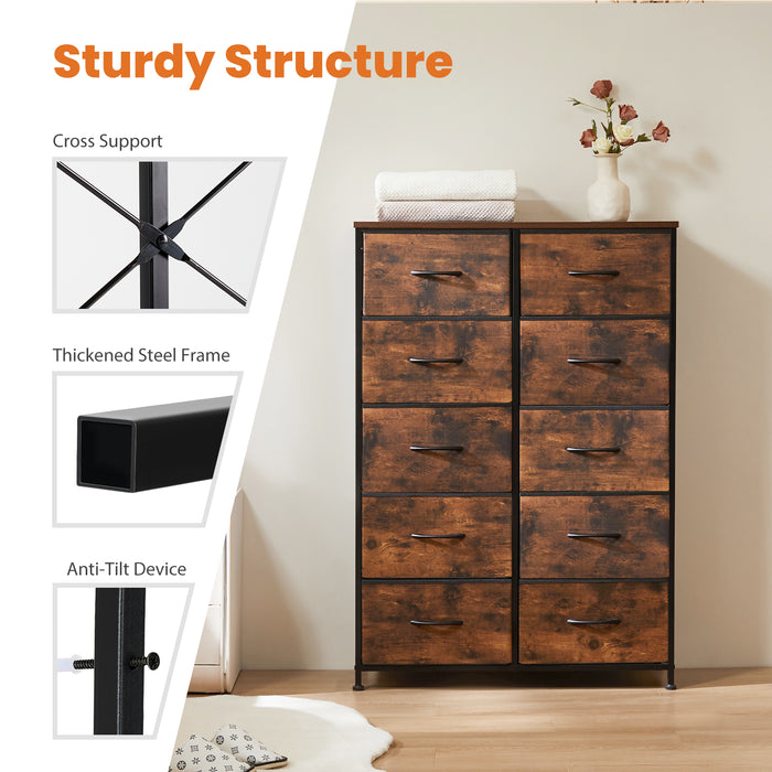 Bigleap 10 Drawer Dresser, Fabric Storage Tower Organizer with Wood Top and Steel Frame for Bedroom, Closet, Hallway, Entryway,Brown