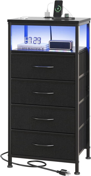 Simenmax Nightstand with Charging Station & LED Lights, 4 Drawer Bedside Table with Variable Light Strip, Modern Industrial Bedroom Furniture, Black