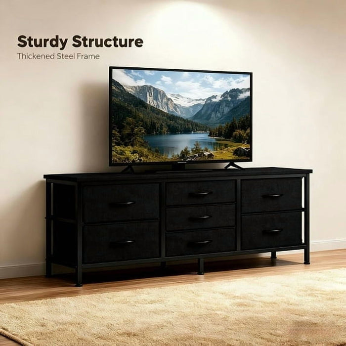 Blorly 7 Drawers Dresser, Storage Dresser Organizer with Drawers, Chest of Drawers, TV Stand Dresser with Metal Frame and Wood Tabletop for Bedroom, Guest Room, Closet, Entryway, Nursery, Black