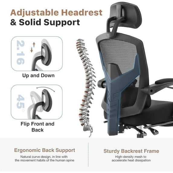 Office Computer Desk Chair, High-Back Ergonomic Mesh Swivel Chair with Lockable Recline, Adjustable Lumbar Support, Retractable Footrest & Padded Arms for Home Office, Study, and Gaming