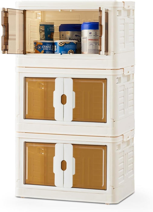 Taoset Storage Bins with Lids-111QT Stackable Plastic Storage box with Doors and Wheels, Portable and Lockable Closet Organizer Boxes, Medium, 3 Tier