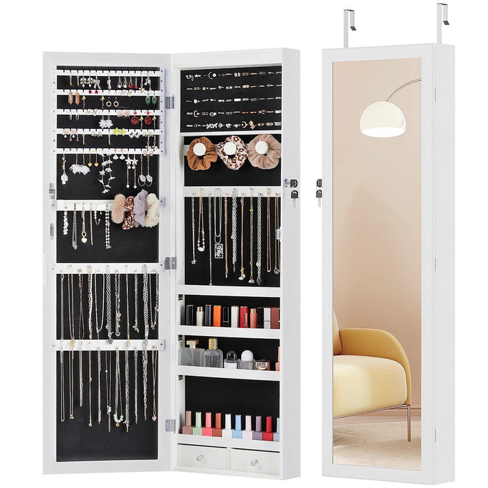 Nextay Mirror Jewellery Cabinet Lockable Wall Mounted Jewelry Armoire Organizer with 6 LED Light