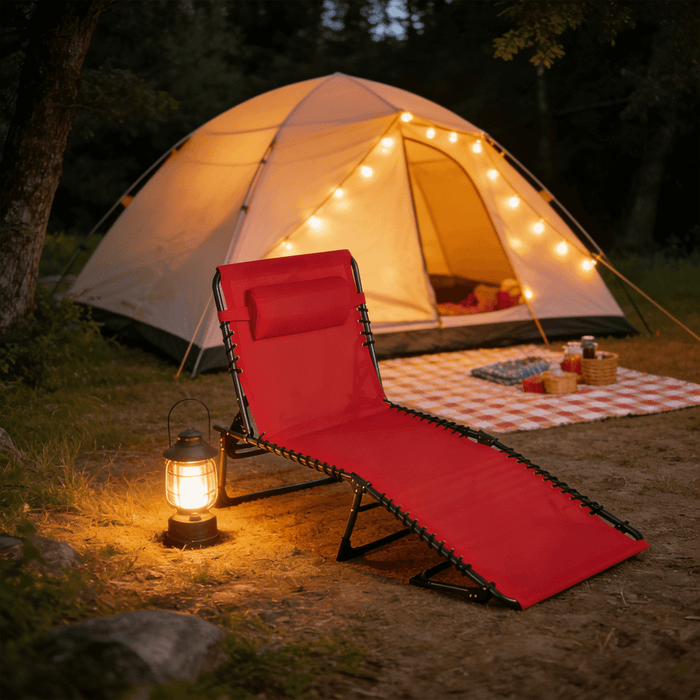 Betcozy Folding Camping Cot, Adjustable Reclining Lounge Chair with Pillow for Patio Lawn, Beach, Supports 250LBs, Red