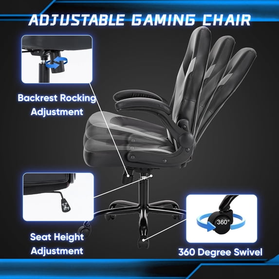Ergonomic Gaming Chair, High Back PU Leather Computer Desk Chair with Lumbar Support, Flip-up Armrests & Adjustable Height