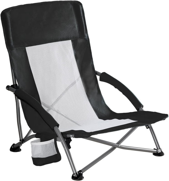 Simenmax Low Beach Chair – Folding Camping Chair for Adults, Low Profile Lawn Chair with Cup Holders for Outdoor, Travel, Concerts, Beach,Black