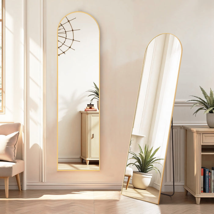 TINKLE WELL TINKLE WELL Metal Framed Arched Full Length Mirror 59"x16", Floor Standing, Gold