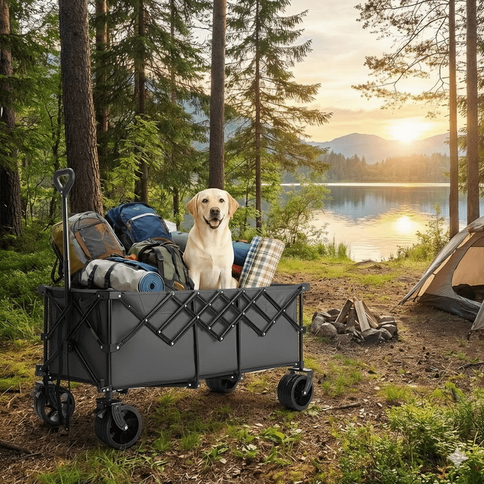 Blorly Foldable Wagon with 48" Cargo Platform, 440lbs Heavy Duty Collapsible Extended Utility Cart with All Terrain Wide Wheels & Brakes, Large Capacity Beach Wagon for Camping, Gardening, Pets, Black