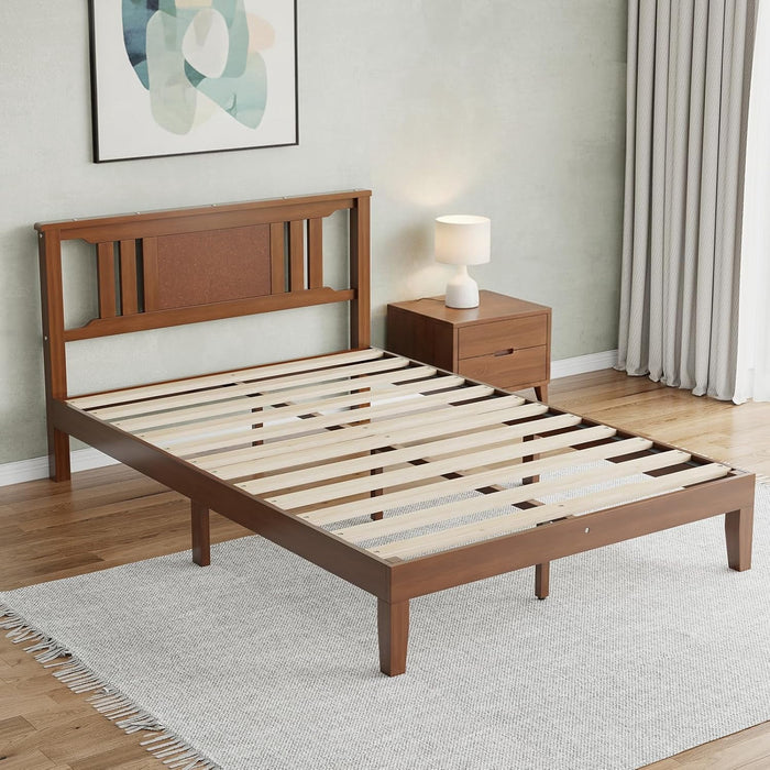 Blorly Wood Bed Frame with Headboard, Mid-Century Modern Wooden Bedframe, Solid Mattress Foundation with Wood Slat Support, No Box Spring Needed, Walnut/Rustic Brown, Full