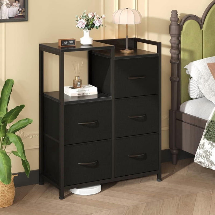 Bigleap 5 Drawer Fabric Dresser, 26" Wide Storage Tower with Side Cabinet & Open Shelf, Nightstand & Organizer for Bedroom, Closet, Entryway,Black