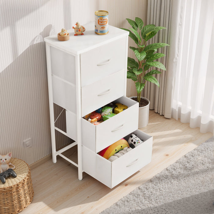 Betcozy 4-Drawer 37.7" Nightstand Storage Dresser, Narrow Closet Organizer Cabinet & Space-Saving Bedroom Dresser, Steel Frame, Wooden Top, White